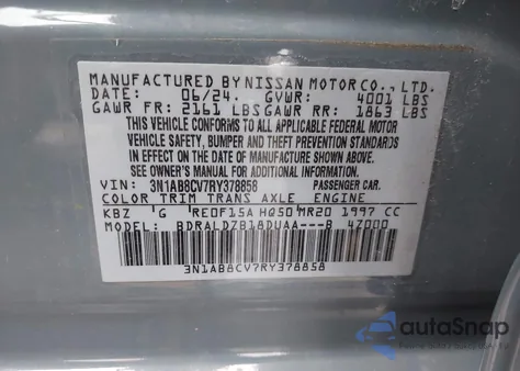 2024 Nissan Sentra Sv Xtronic Cvt z USA, uszkodzony, nr VIN 3N1AB8CV7RY378858